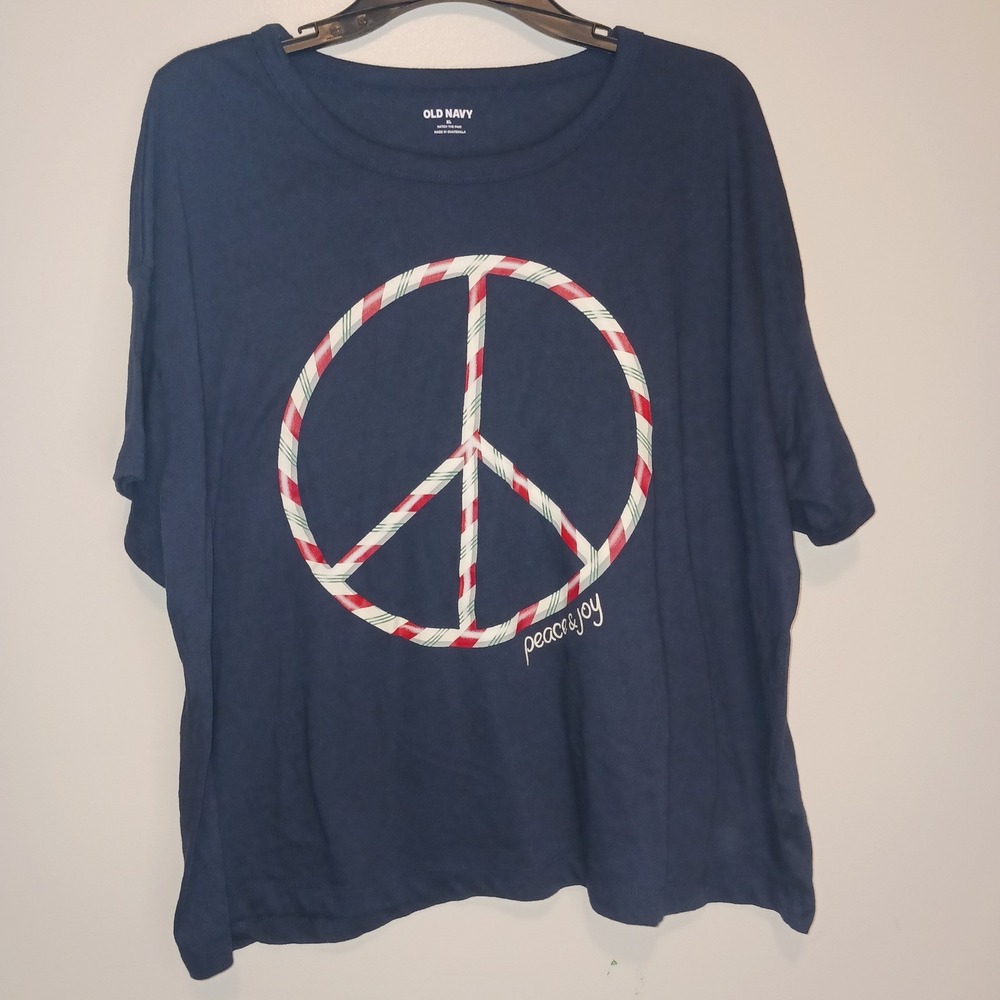 Old Navy Womens Navy Blue Peace Joy Candy Cane Peace Sign T Shirt XL